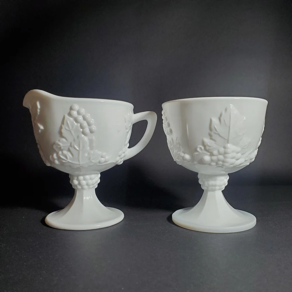 Vintage Indiana Glass Colony Harvest Grape Milk Glass Creamer & Sugar Bowl Set